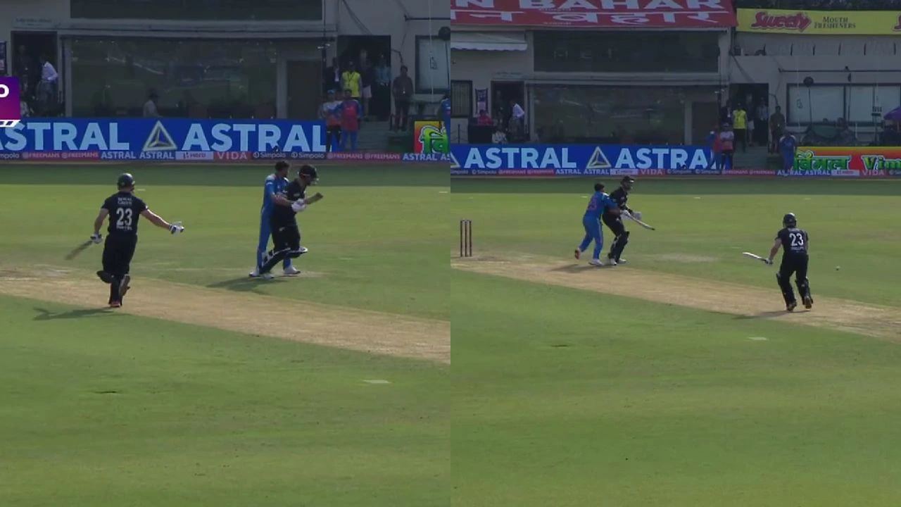 Dramatic on-field collision as Kuldeep Yadav tries to stop Daryl Mitchell from running in Indore ODI