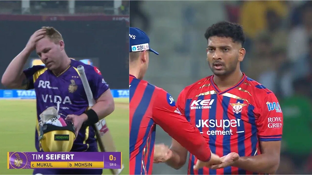 Ben*****d! Mohsin Khan gives a fiery send-off to Tim Seifert after dismissing the KKR batter for a duck in KKR vs LSG clash