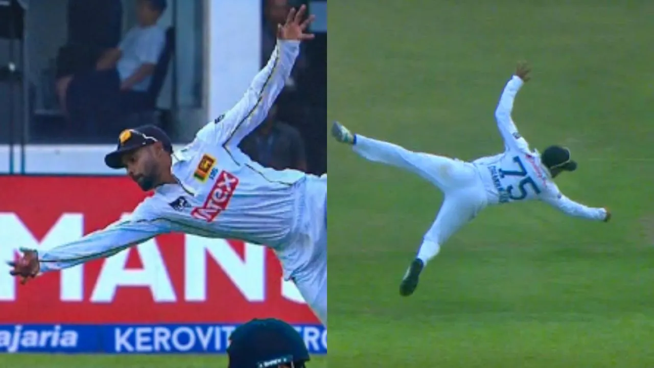 Dhananjaya de Silva takes a one-handed stunner to dismiss Dhruv Jurel in 1st Test